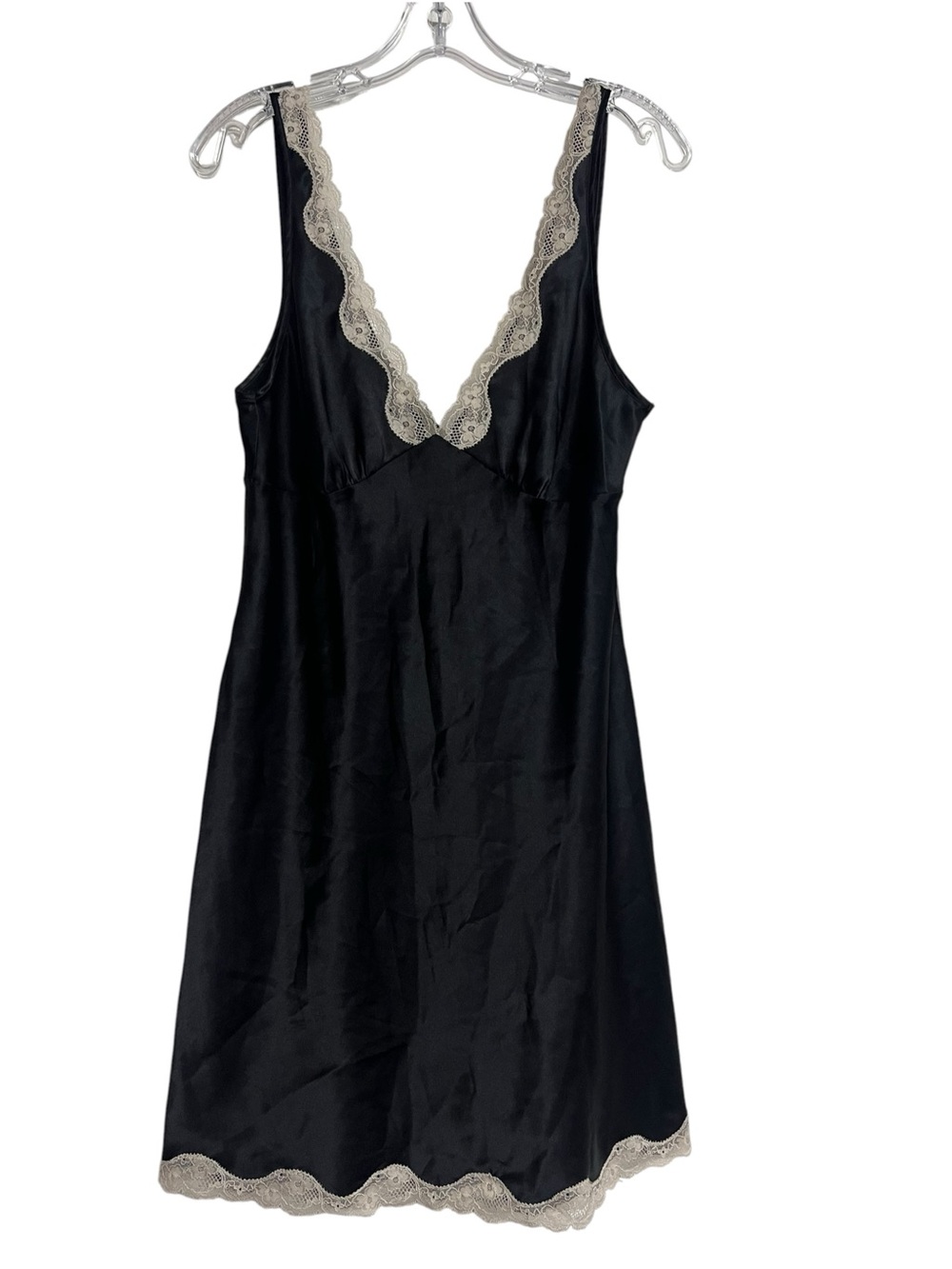 Victoria's Secret Black Satin Chemise Slip Dress Cream Lace Trim Babydoll y2k